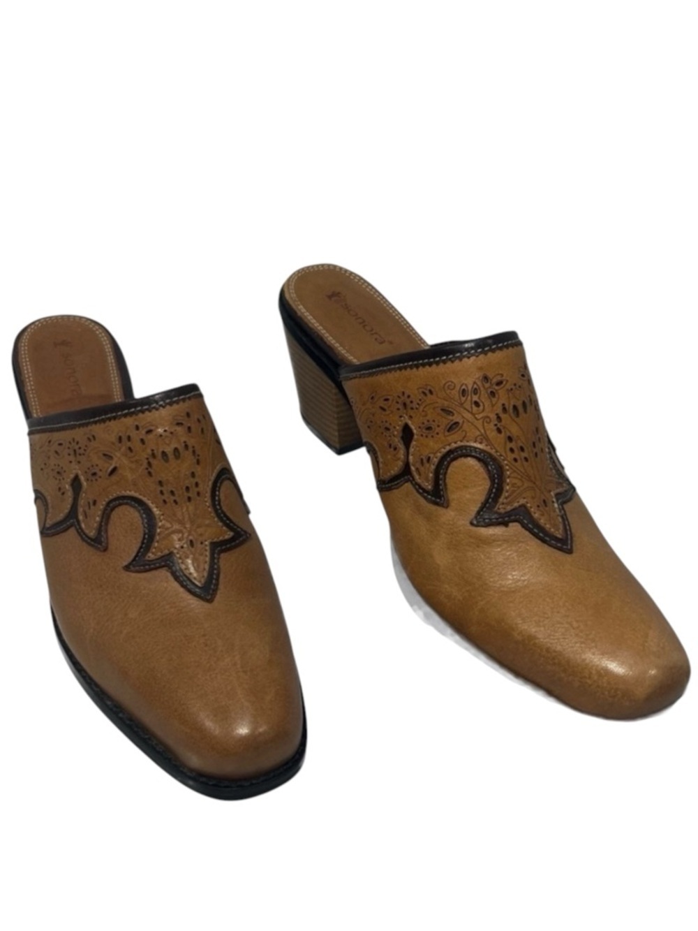 Sonora Western Tooled Tan Leather Bootie Mule Slide Women’s size 8
